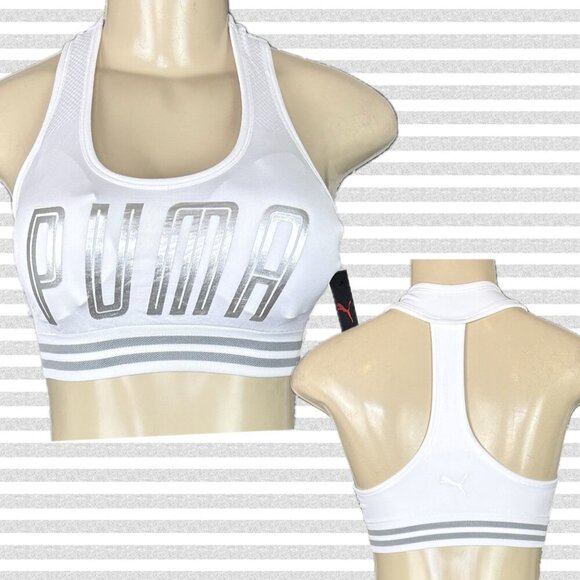 Puma S White Metallic Logo Removal Pads Scoop Neckline Open T- Back Sports Bra - Picture 1 of 6